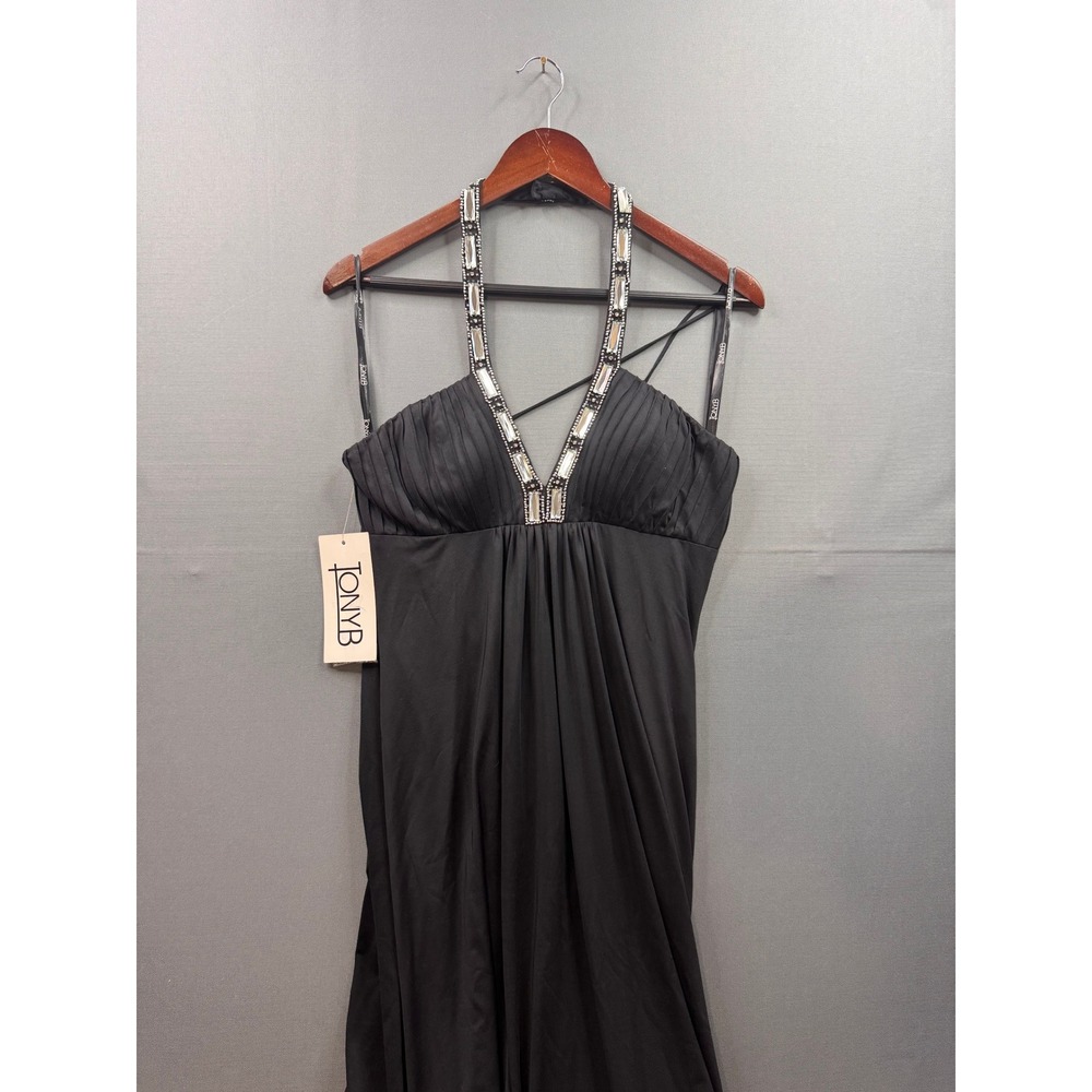 Tony‎ B Black Halter Gown Rhinestone V-Neck Formal Dress Womens Size 8